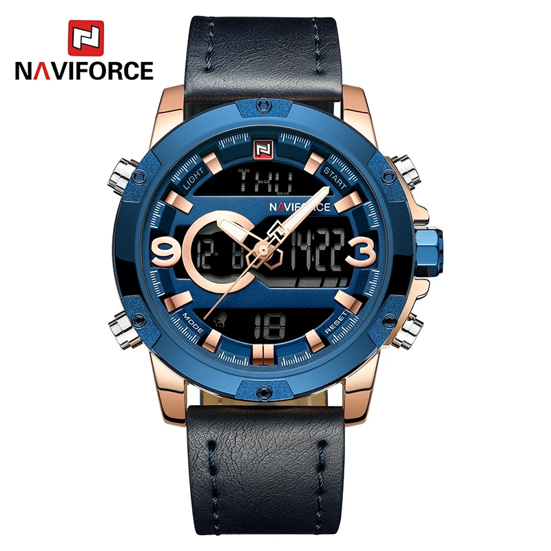 

Original Brand NAVIFORCE 9097 Dual Display Watch LED Digital Analog Watch Leather Quartz-Watch 30M Waterproof Wristwatches