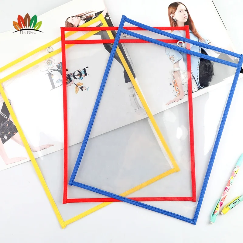 
School student supplies transparent bag Three colors reusable PVC dry erase pocket 