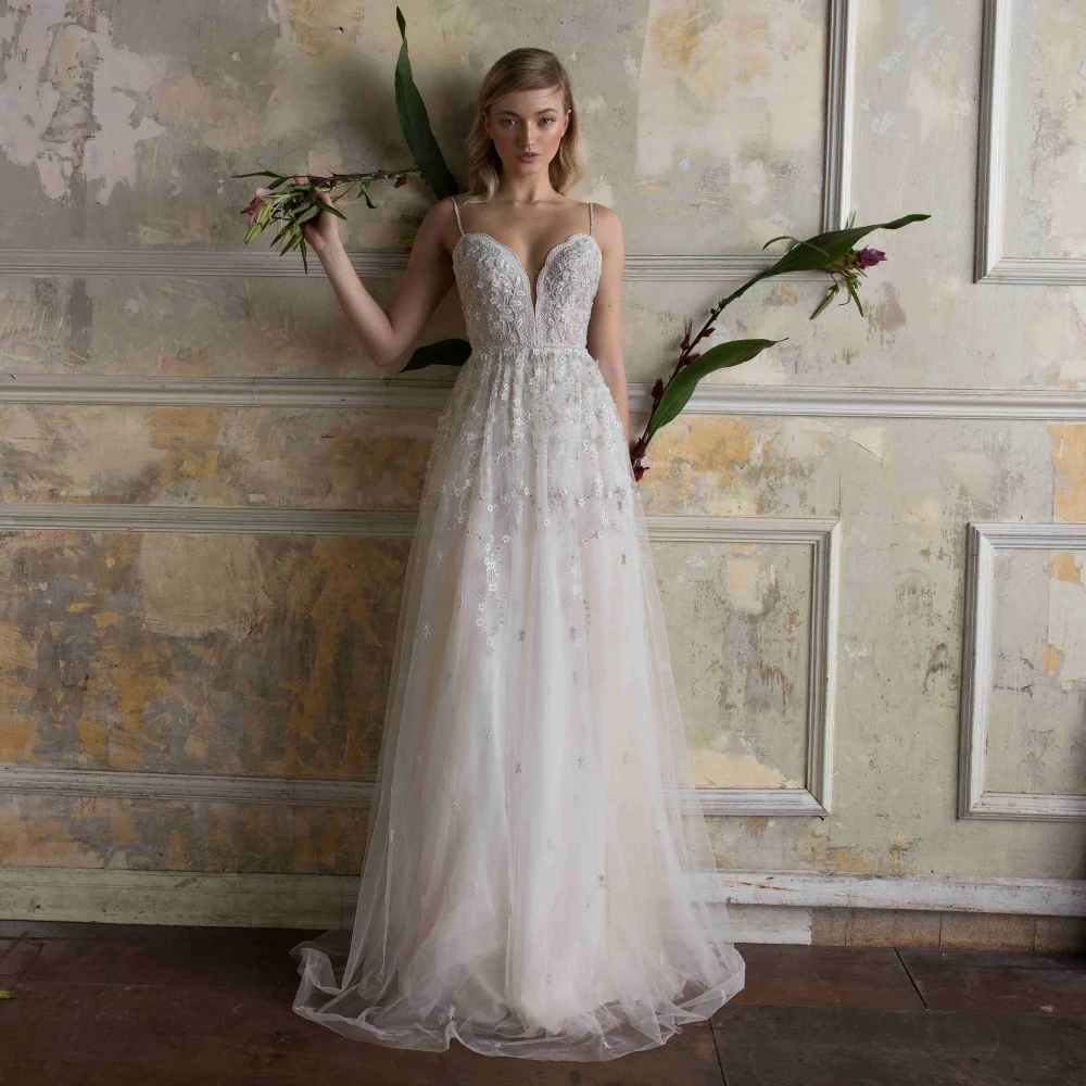 Aswy18 Spaghetti Strap Lace Bridal Bohemian Wedding Bride Gown