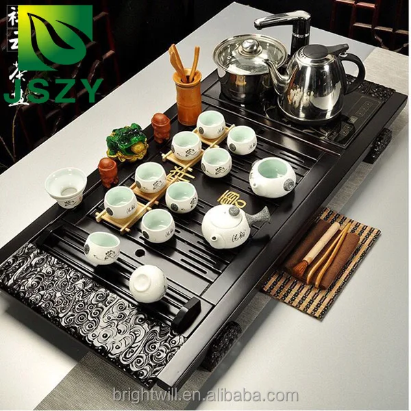 

Classic 100% wooden Chinese Gongfu tea table, popular tea tray with induction cookers, Dark