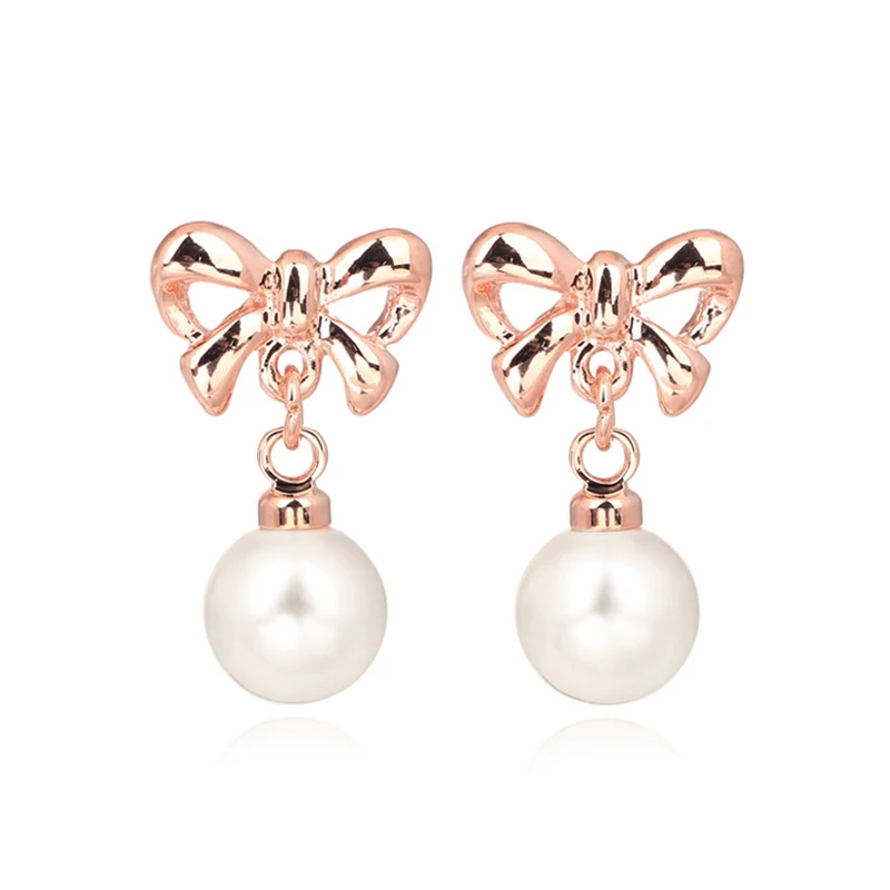 

Quality Bowknot Imitation Pearl Earrings Rose Gold Color Fashion Jewelry For Girl Party Gift Wholesale E116 E117, Silver;rose gold