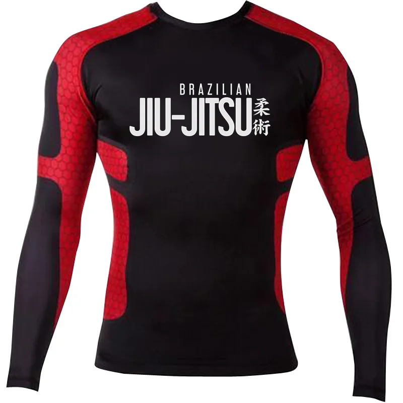 

Male Full Printing Shirt Men Winter Gear Rashguard Compression Long Sleeve Top T Shirts for MMA BJJ Yoga Fitness Body Building, Black/red