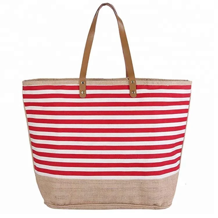 Large Capacity Red Nautical Stripes Zipper Beach Canvas Tote Bag With Jute Combination Cotton