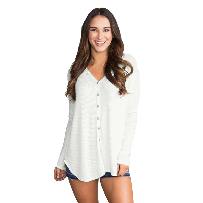 

Fashion Style waffle Button Front ladies feminine knit blouse & top