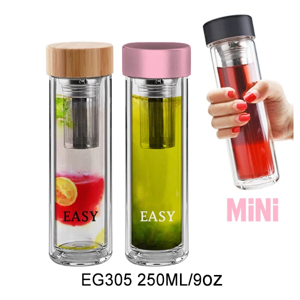 

EG305 250ML/9OZ Double wall eco friendly glass water bottle with tea filter bamboo cap, Transparent