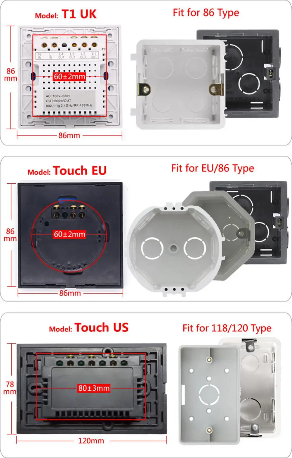 Sonoff T1 3 Gang Wifi Smart Home Rf App Touch Remote