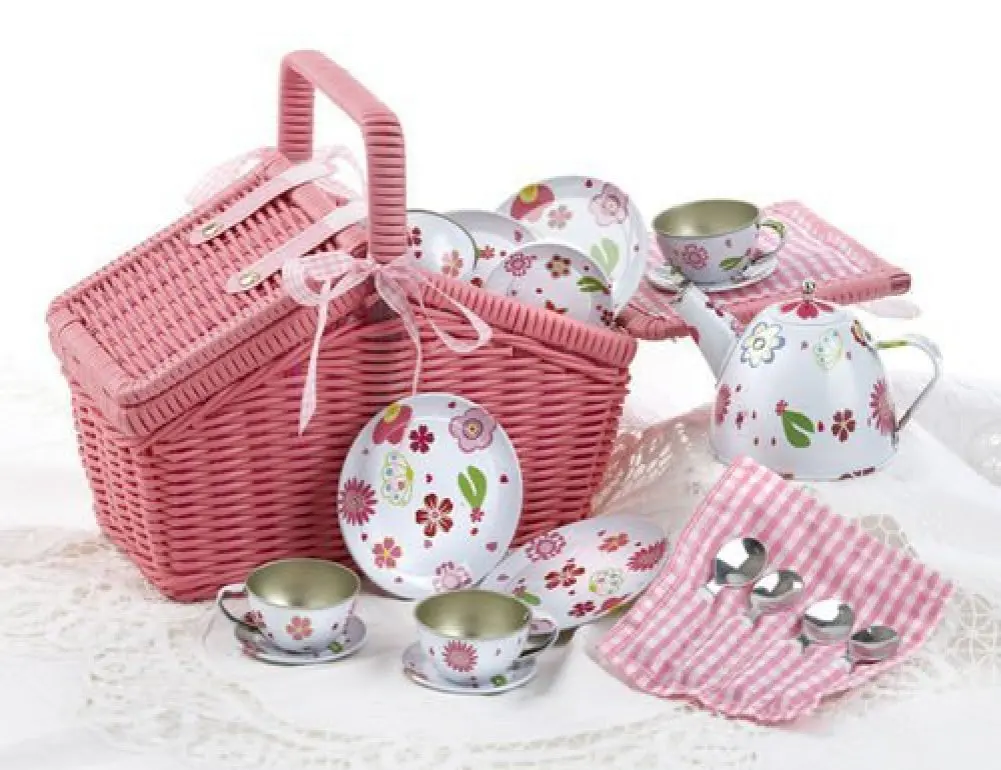 children's tea set in wicker basket