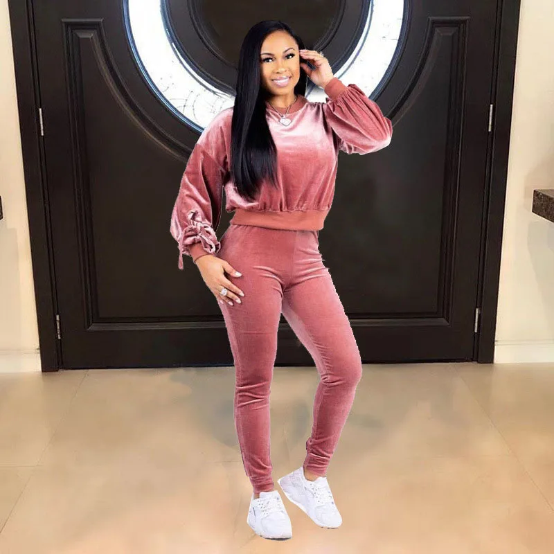 Plain Velvet Women Sport Wear 2 Pieces Velour Tracksuits
