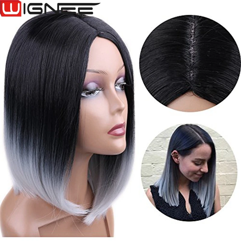 Wignee Synthetic Hair Extension Ombre Gray Color Non Lace Skin Top