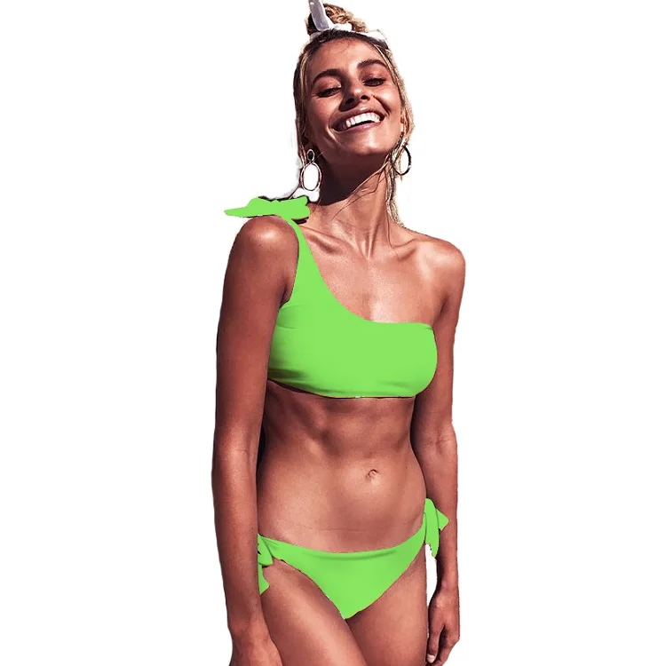 

Hot selling swimwear one shoulder solid color bikini, Green
