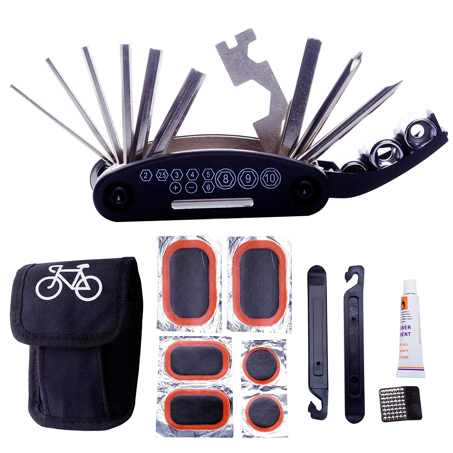 

Bicycle Repair Tool Kits 16 in 1 Multifunction Bicycle Mechanic Fix Tools Set Bag with Tire Patch Levers glue 10cc