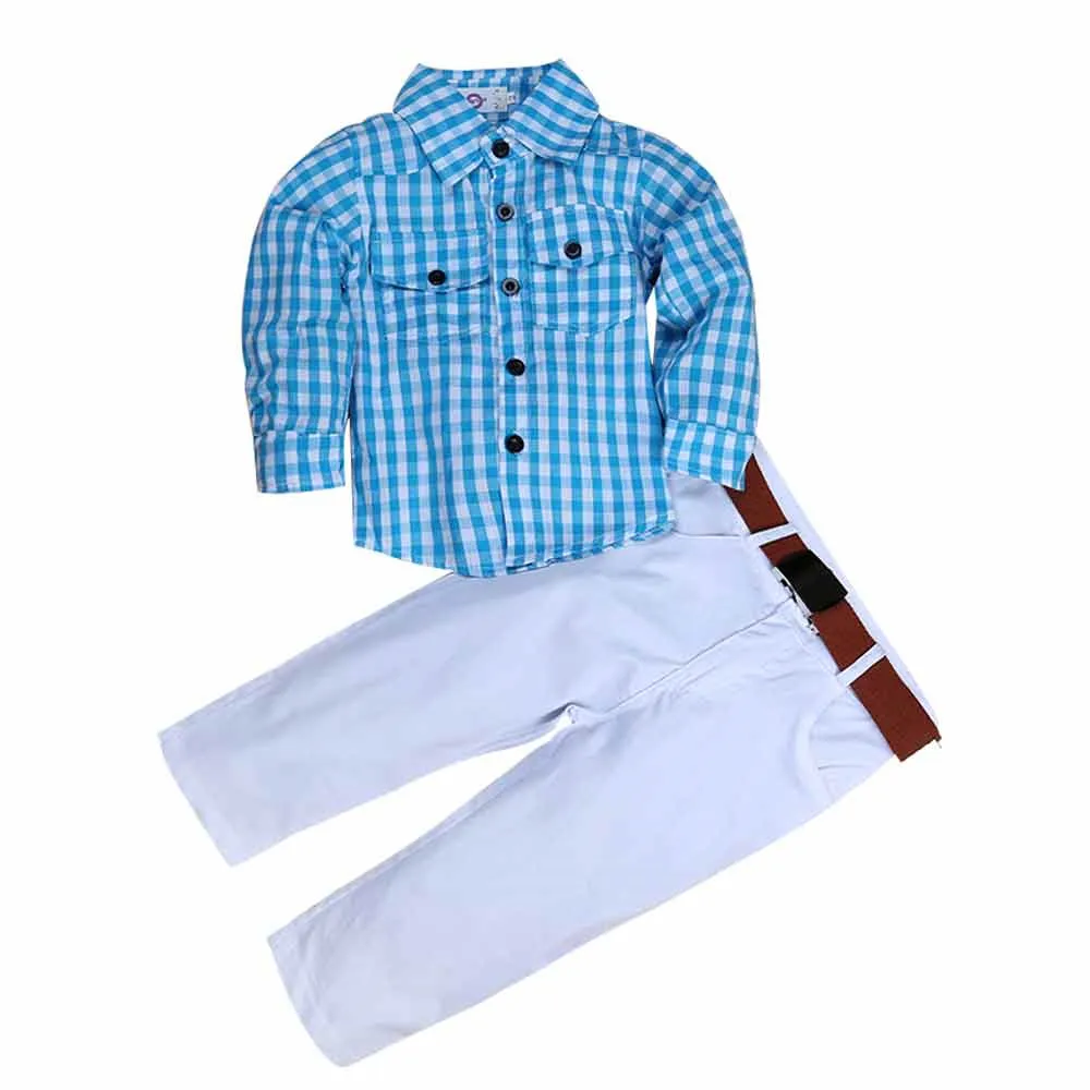 

Boys Clothing Set Long Sleeve Blue Plaid Shirt 3-pieces suit kids clothing wholesale children clothing set, As picture