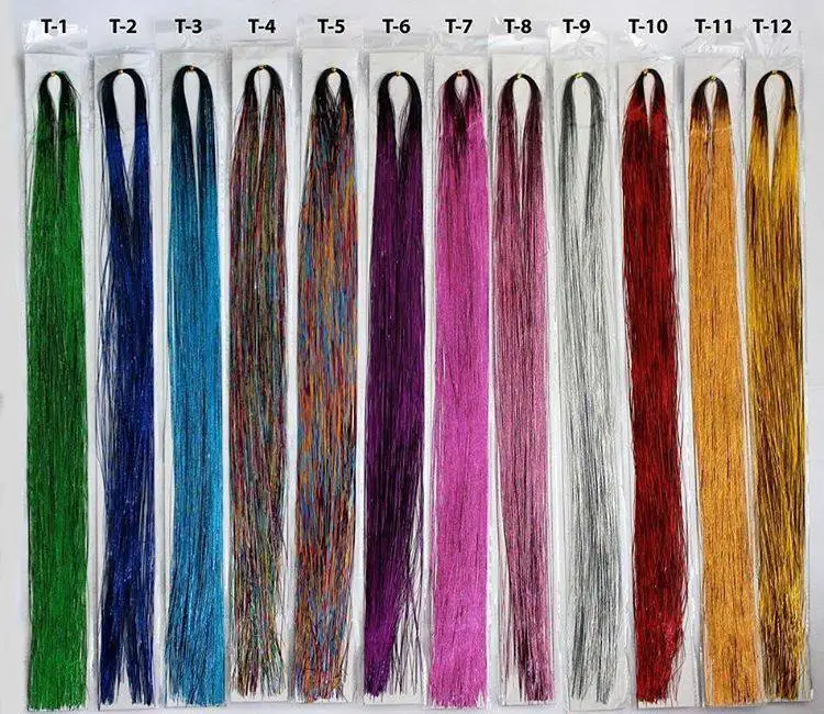 

wholesale clip in hair extensions colorful Sparkle Glitter hair Twinkle Dazzle Tinsel party hair extension, 12 colors to choose