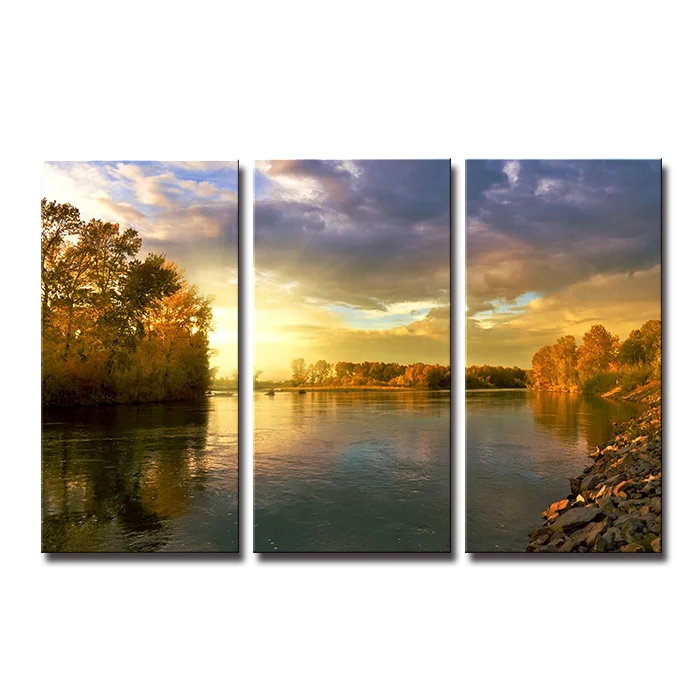 

SEEGART 3 panels gold light sunset view lake landscape picture gallery wrapped wall art