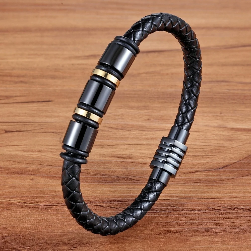 

Wholesale New Design Black Genuine Leather 316L Stainless Steel Men Fashion Bracelet Handmade Bead Bracelet Fine Party Jewelry