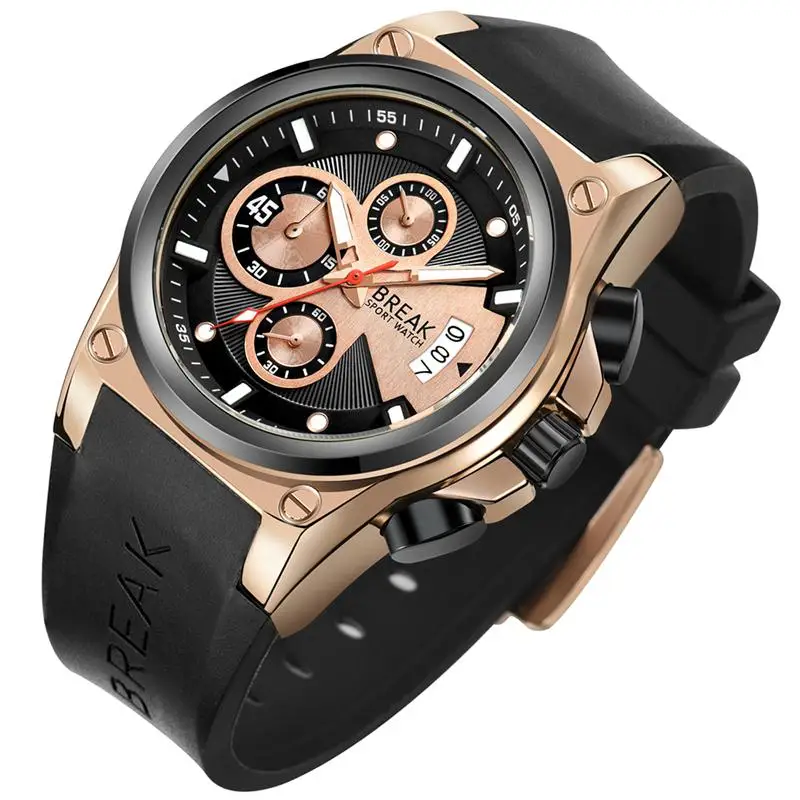 

BREAK 5623 Luxury Popular Brand Casual Fashion Rubber Band Sport Wristwatches Man Quartz Chronograph Waterproof Watches Relogio, 4 color choose