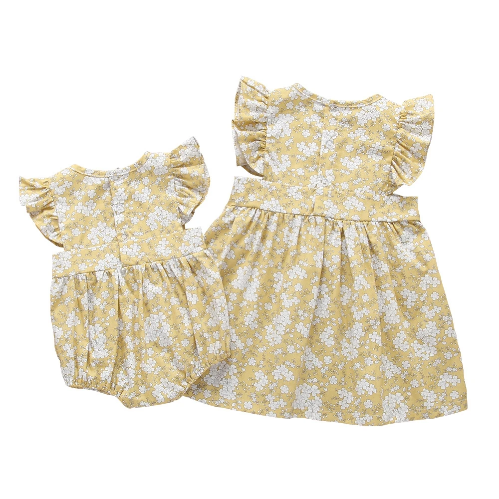 

Sweet Little Girls Babes Sisters Matching Clothing Cotton Flutter Bubble Romper Yellow Flower Summer Dress, Yellow;light pink