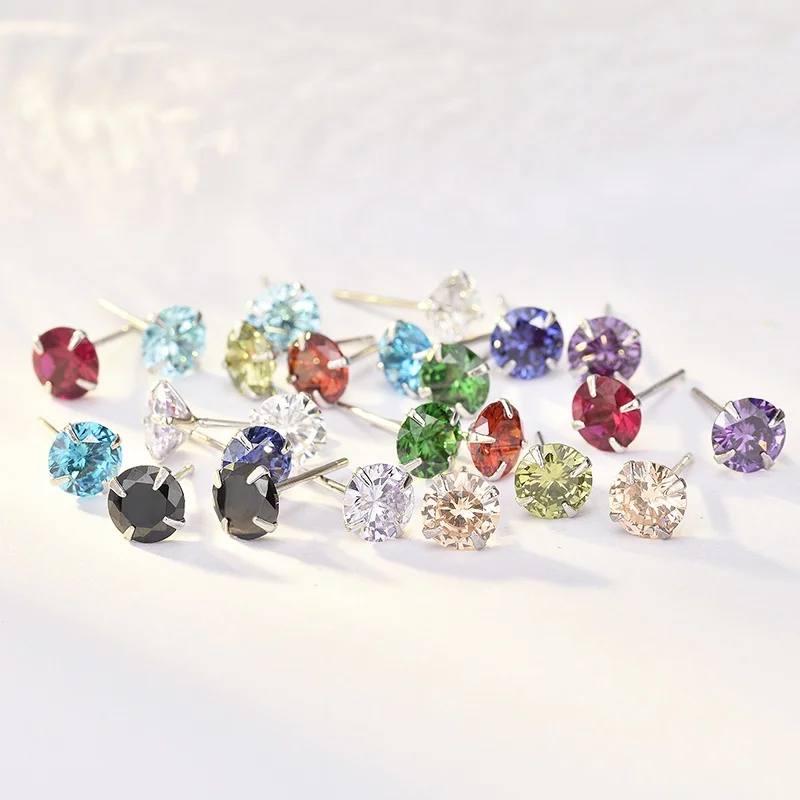 

Wholesale korean earings birthstone 925 Sterling Silver Round Cut CZ diamond Studs earring christmas fashion earrings trend 2021