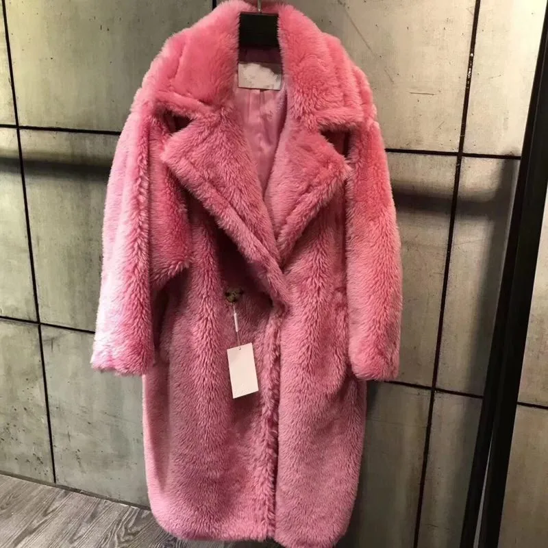 

Italy Style Teddy Design Women Oversized Long Warm 100% Real Sheep Lamb Fur Coat