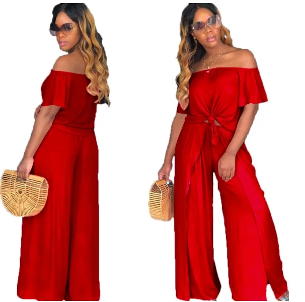 2019 Summer Women Off Shoulder Crop Top Wide Leg Pants Fashion Romper Jumpsuit Two Piece Set