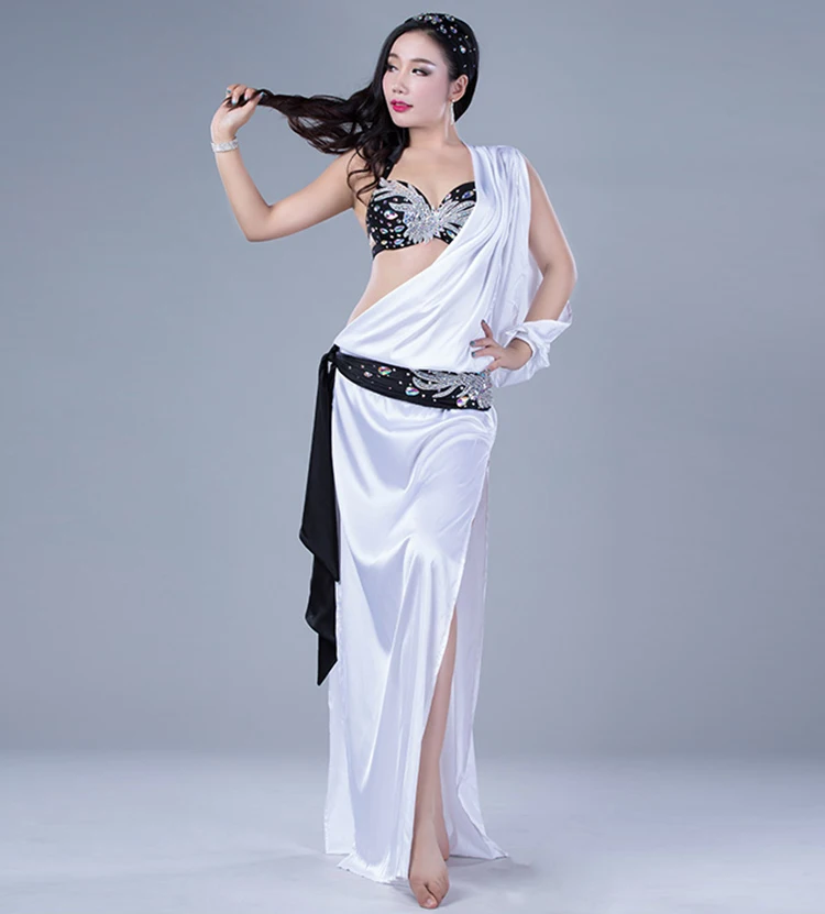 

QC2821 Wuchieal Top Grade Elastic Silk Satin and Spandex Belly Dance Gown, Blue;black;white