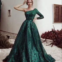 

Modest Emerald Green A Line Evening Dresses 2019 Women One Shoulder Long Sleeve Lace Dress Ladies Party Formal Gown
