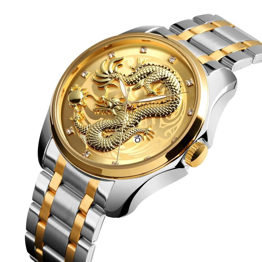 

Skmei 9193 Men's Casual Fashion Design 3D Gold Dragon Quartz Watches Men Waterproof Stainless Steel Business Wristwatch, Silver-gold,silver-black,gold-gold,gold-blue,gold-black