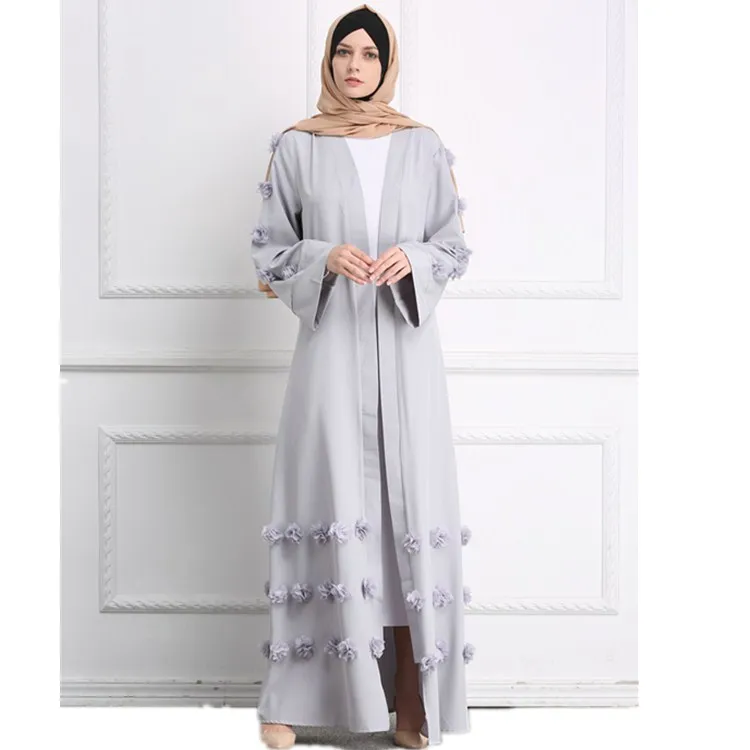 

2019 wholesale long islamic clothing 3d flower front open printing dubai abaya simple style muslim woman abaya, Gray,black,white