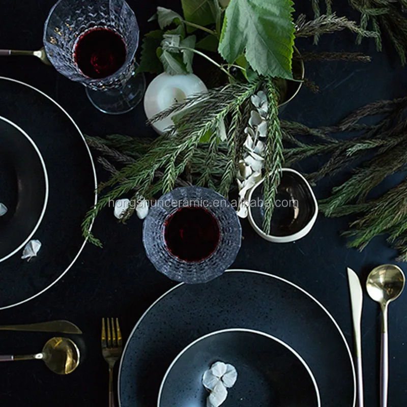 Nordic matte black ceramic tableware dinner plate wholesale rice bowl sets