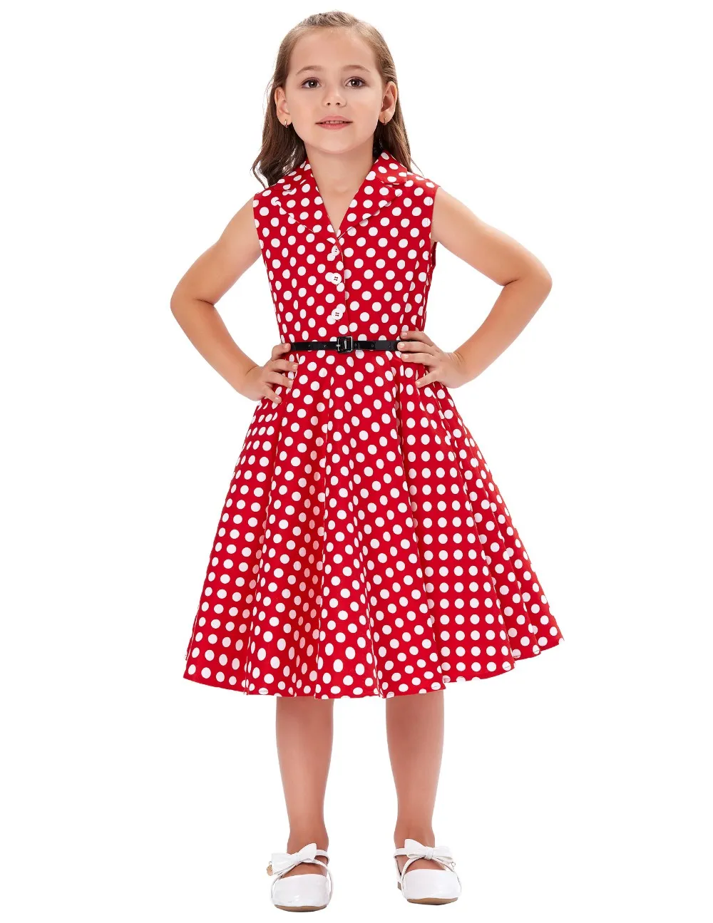 CL009000-3 Grace Karin Kids Sleeveless Lapel Collar Red Polka Dots ...