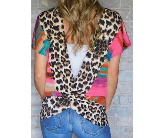 

wholesale hot sell ladies women Colorful Striped Leopard Sunflower Printed Hollow Out Blouse Short Sleeve Multicolor T-shirts, N/a