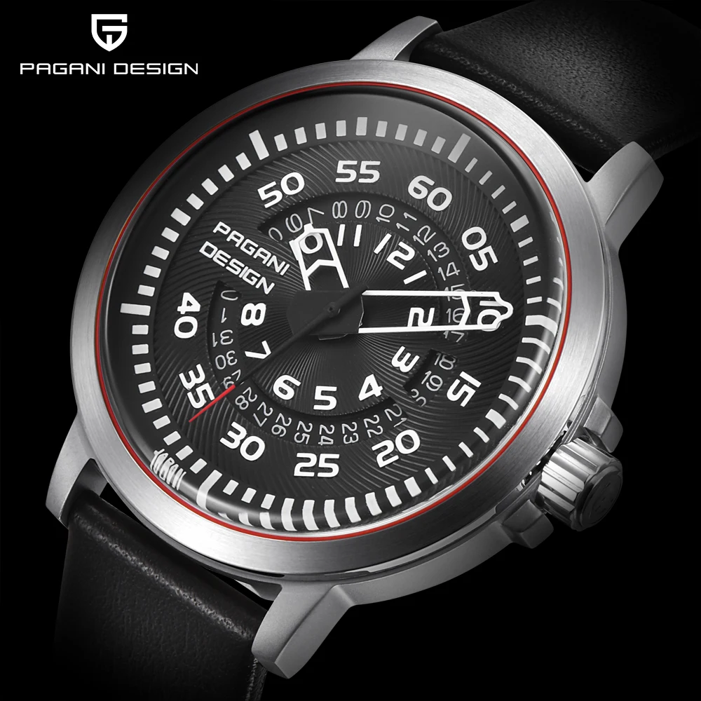 

PAGANI DESIGN Mens Watches Top Luxury Waterproof Leather Quartz Watch Men Unique Design Hollow Calendar Men's Watches