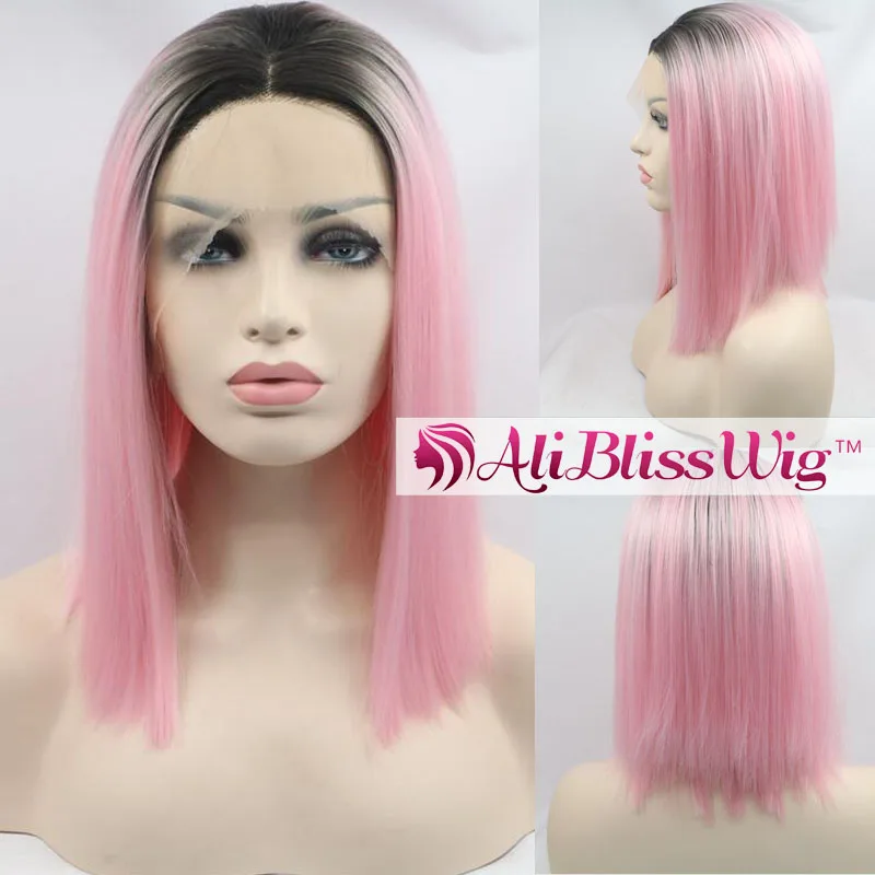 

Heat Resistant Hiperlon Fiber Middle Part Short Straight Bob Dark Roots Two Tone Lace Front Synthetic Ombre Pink Wig for Women