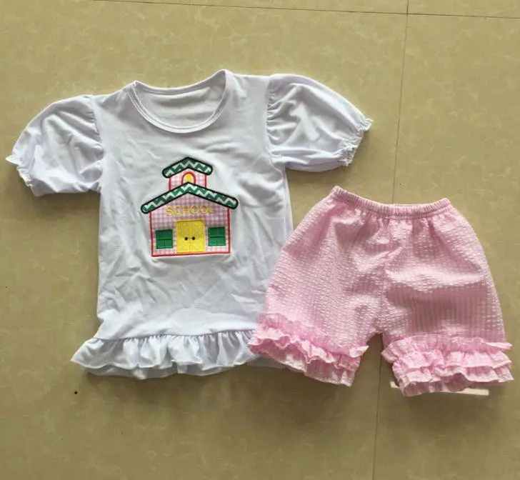 

2019 Hot Sale back to school outfit boutique children's girls clothes embroidery classroom school ruffle set