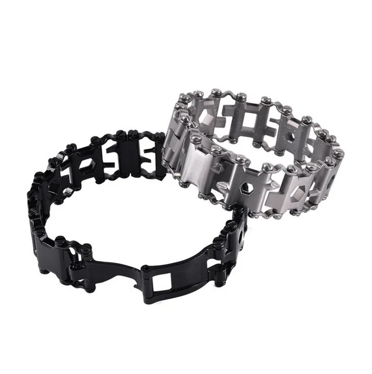 

Outdoor Camping Multi Tool Bracelet Gift 29 in 1 Stainless Steel Multifunction Bracelet Survival Multitools (Black,Silver), Silver and black