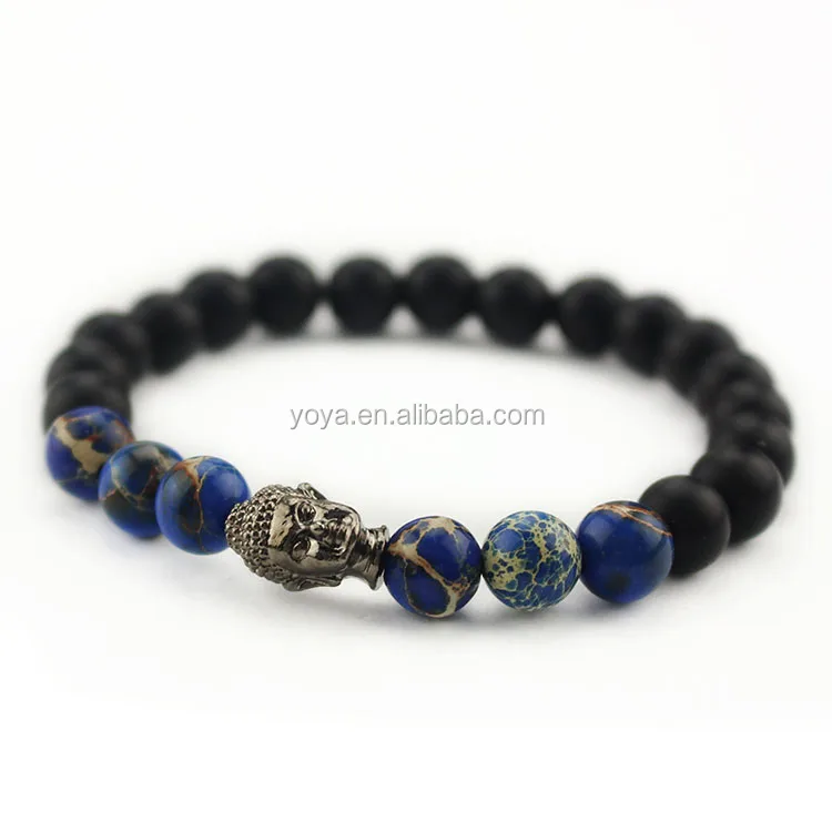 

BRU0818 Black Onyx & Blue Imperial Jasper Beaded Black Buddha Head Bracelet ,Yoga ZEN Jewellery Gift