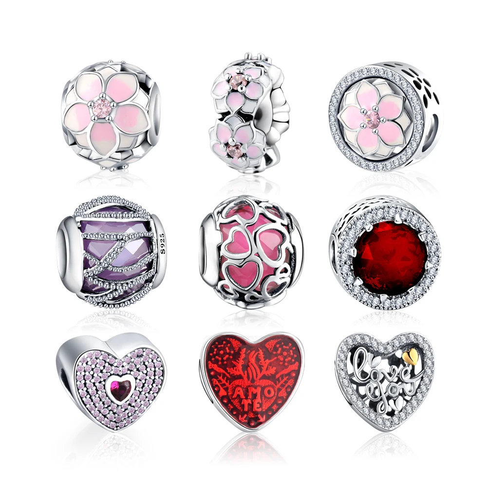 

LZESHINE Authentic 925 Sterling Silver European Blooms Charms Pink Enamel Flower Micro Pave Clear CZ Pendant PSMB0624, Picture