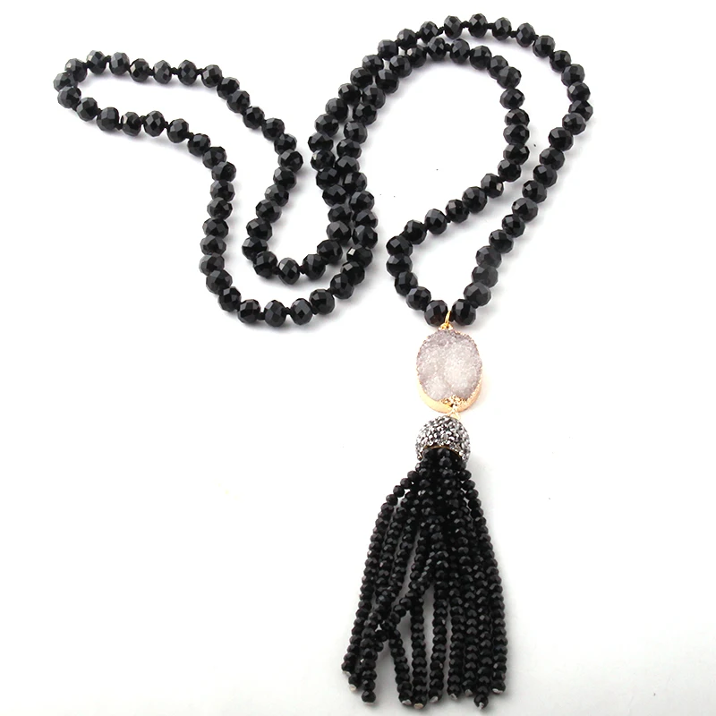 

Fashion Crystal Glass Long Knotted Rectangle Druzy Necklace Link Crystal Tassel Necklaces Summer Ethnic Women Necklace