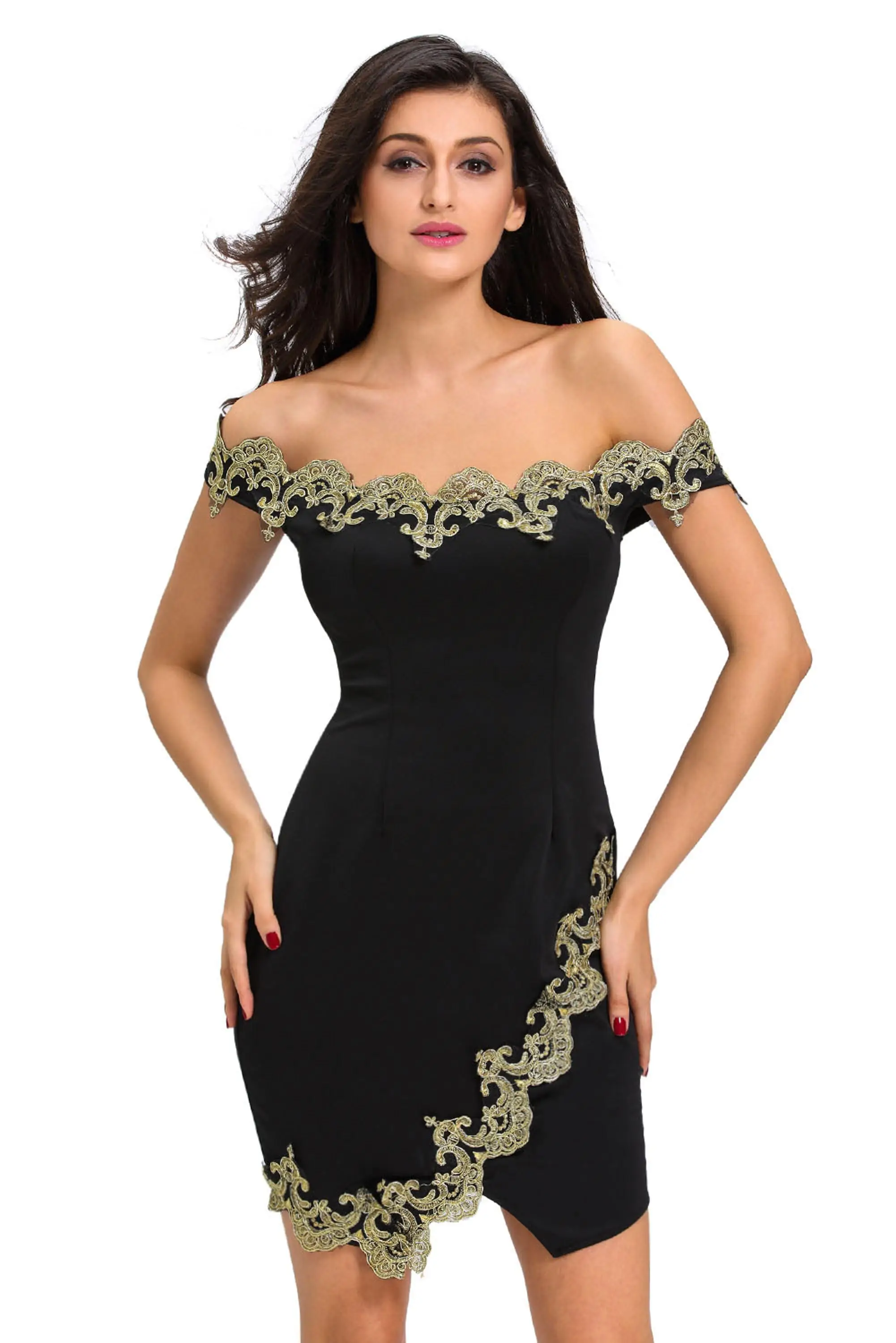 Hot Wholesale Gold Lace Applique Black Off Shoulder Mature Women Sexy Mini Dress Buy Mature 