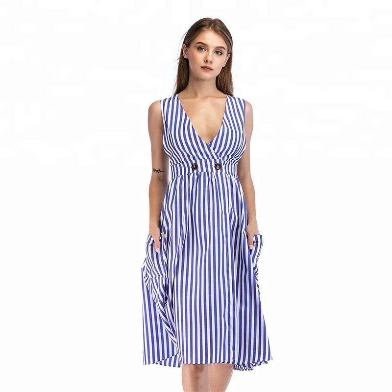 
Deep V-neck Sleeveless Cardigan Striped Dress 