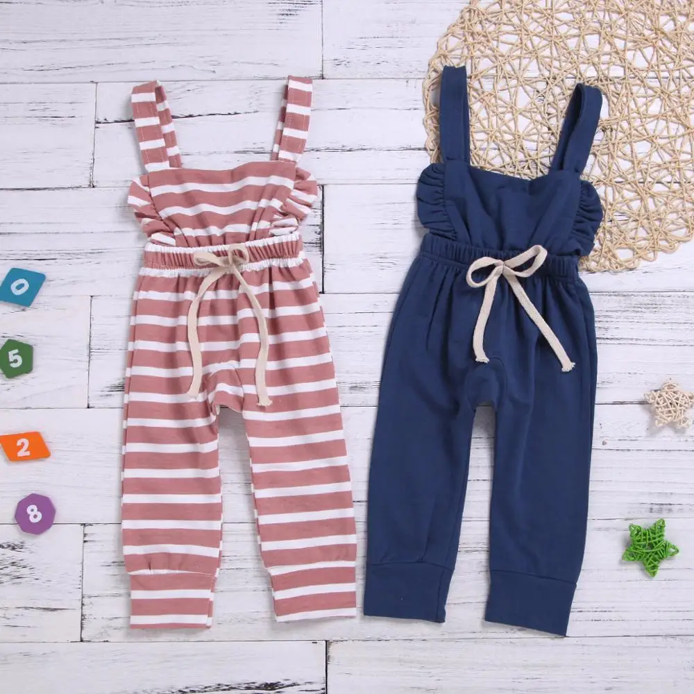 

2019 Kids Baby Girl Sleeveless Striped Cotton Romper Jumpsuit Ruffle Backless Outfit Clothes, As picture