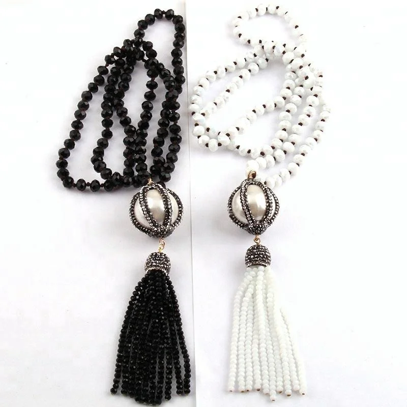 

8mm Black/White Crystal Glass Necklace Knotted Handmade Paved Big Pearl Ball and Tassel Necklace