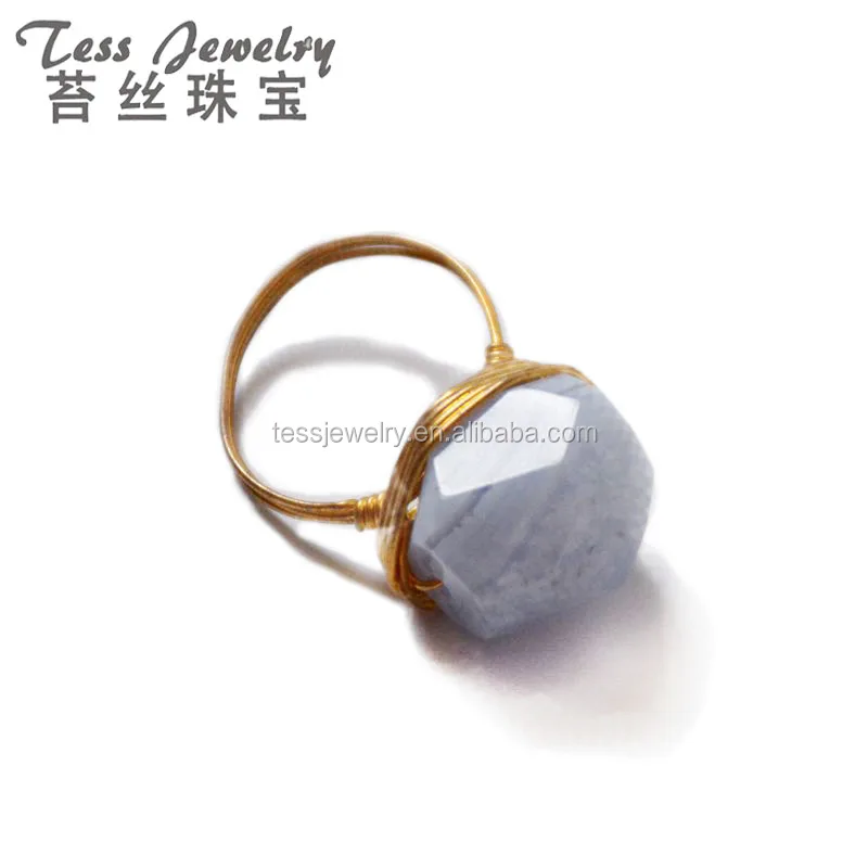 

Blue Lace Agate Ring Wire Wrapped Jewelry Gemstone Gold Wired Natural Stone Rings