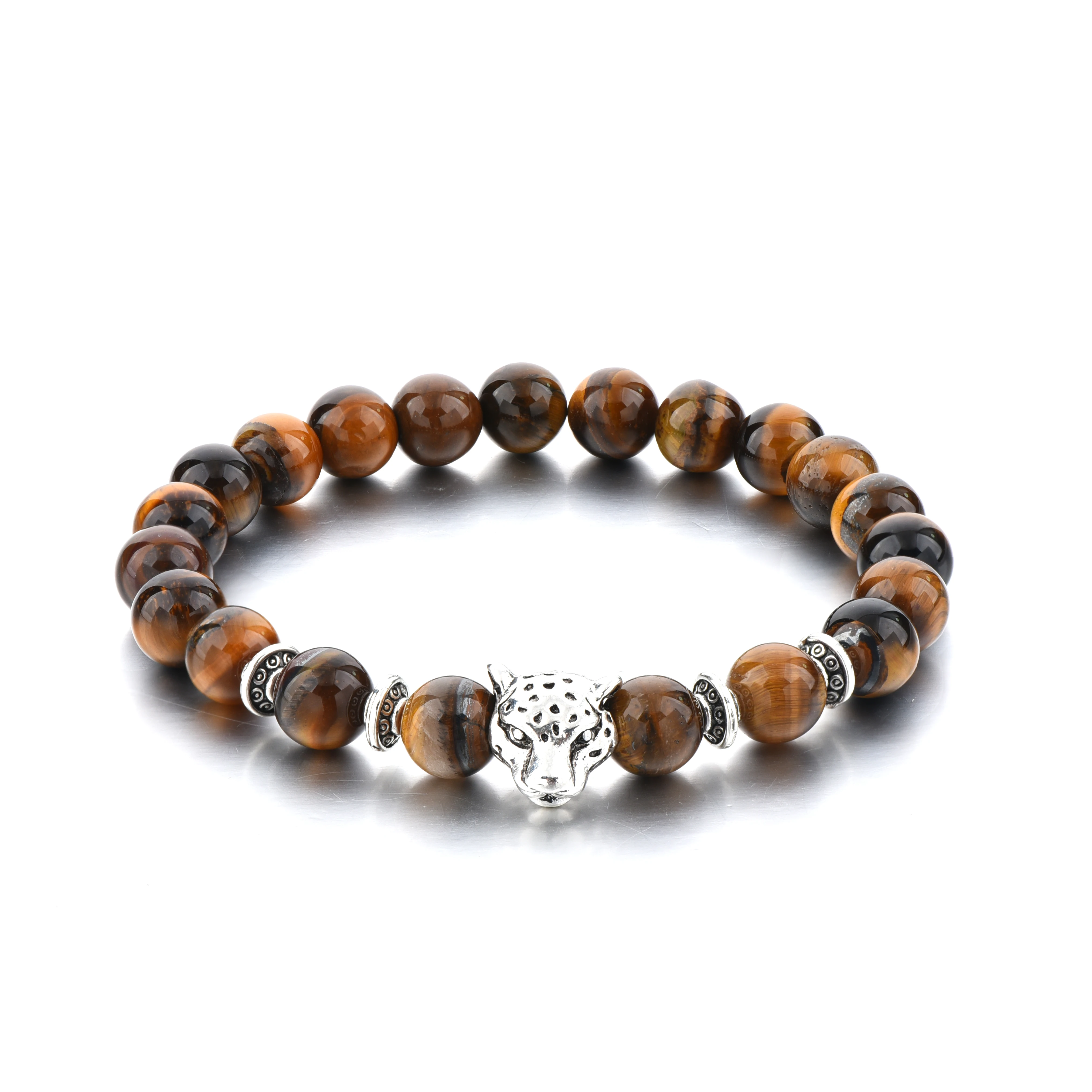 

Tiger eye natural stone beaded bracelet silver plated leopard bracelet man, N/a