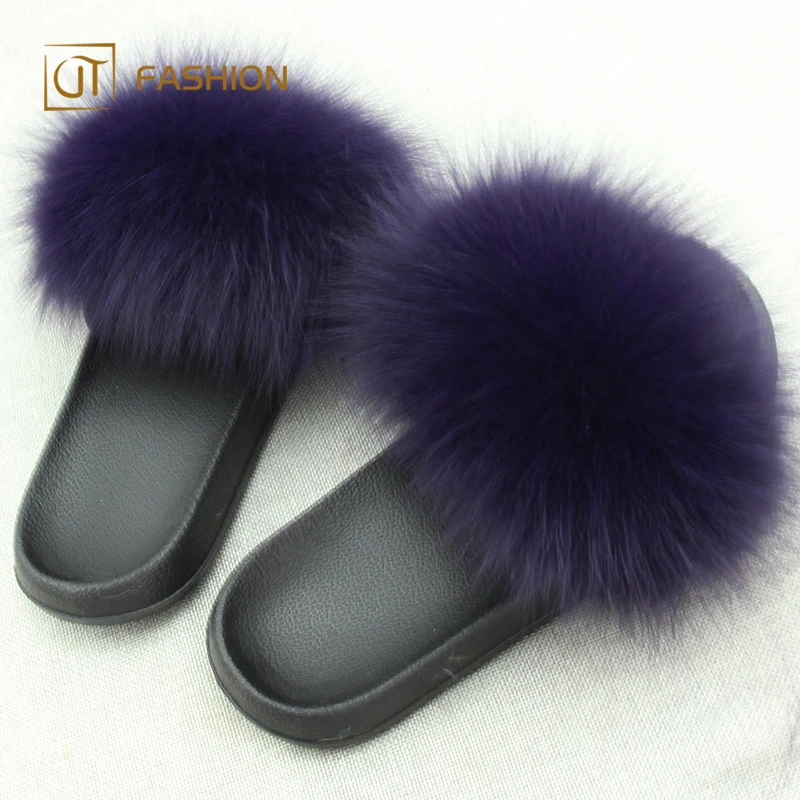 

Hot selling jtfur EVA black sole furry fur slider sandals wholesale sliders women sandal plush flip flop