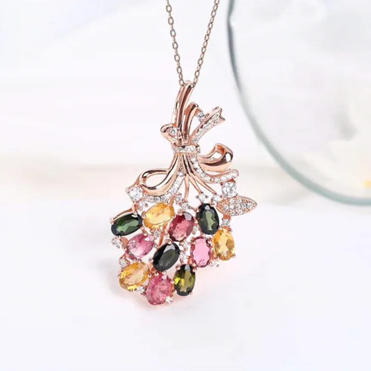 

925 silver 18k rose gold plated 4x6mm natural tourmaline necklace pendant brooch dual use colorful gemstone jewelry
