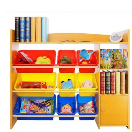 toy shelf with plastic bins