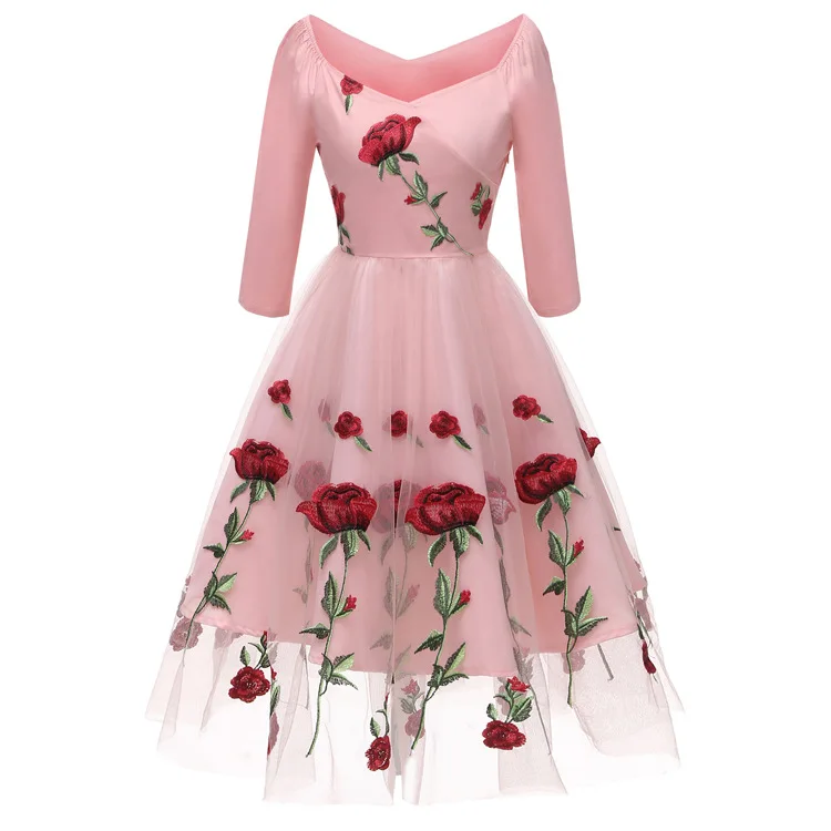 

Beauty half sleeve embroidery lace party prom evening dress for ladies