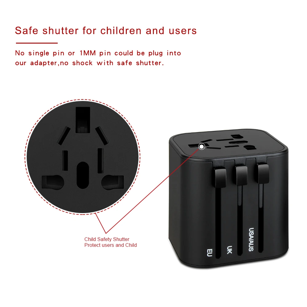 
Newest 3USB port world travel adapter USB C quick charger socket with AUS EU UK US plug outlet 