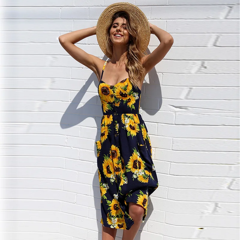 

Sunflower Pineapple Pattern floral Print Sling Button Backless Sexy Dress Female 36 colors 6 size, We have color chart for you choice